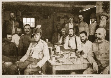 La vie rude au bord de la rivière Modder : le Mess des officiers des 3e Grenadier Guards, illustration de Batailles du XIXe siècle, Vol. VI : La guerre des Boers de 1899-1900 par Archibald Forbes, G.A. Henty
